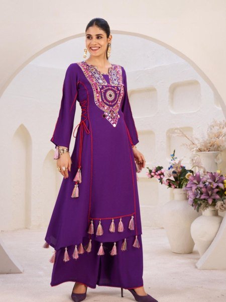 Purple Rayon Mirror Embroidery Co Ord Set with Palazzo Ideal for Cultural Events 