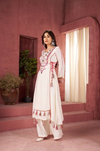Elegant Off White Mirror Embroidered Rayon Kurti Set with Palazzo Navratri Ready Navratri Collection