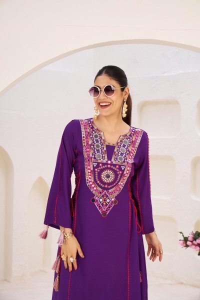 Purple Rayon Mirror Embroidery Co Ord Set with Palazzo Ideal for Cultural Events Navratri Collection