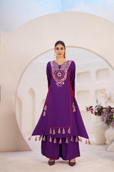 Purple Rayon Mirror Embroidery Co Ord Set with Palazzo Ideal for Cultural Events Navratri Collection