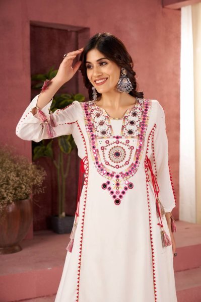 Elegant Off White Mirror Embroidered Rayon Kurti Set with Palazzo Navratri Ready Navratri Collection