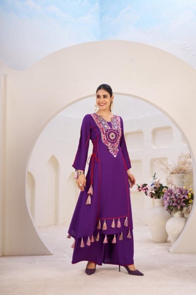 Purple Rayon Mirror Embroidery Co Ord Set with Palazzo Ideal for Cultural Events Navratri Collection