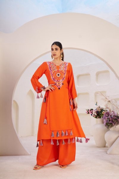 Festival Ready Rayon Mirror Work Co Ord Set with Tassel Palazzo Navratri Collection