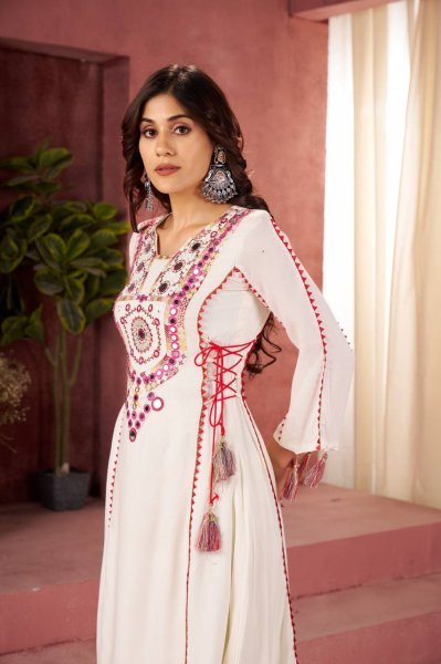 Elegant Off White Mirror Embroidered Rayon Kurti Set with Palazzo Navratri Ready Navratri Collection