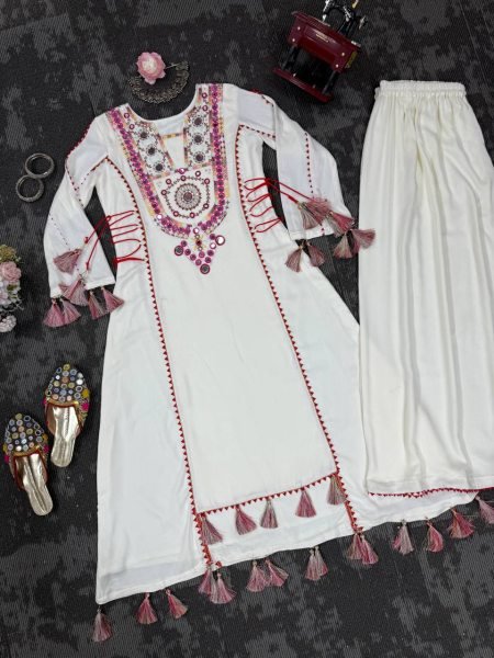 Elegant Off White Mirror Embroidered Rayon Kurti Set with Palazzo Navratri Ready Navratri Collection
