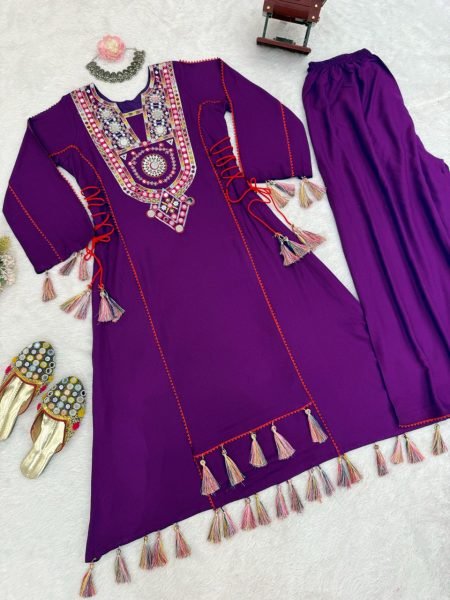 Purple Rayon Mirror Embroidery Co Ord Set with Palazzo Ideal for Cultural Events Navratri Collection