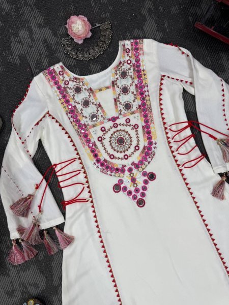 Elegant Off White Mirror Embroidered Rayon Kurti Set with Palazzo Navratri Ready Navratri Collection