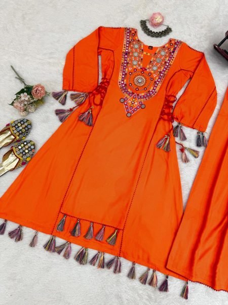 Festival Ready Rayon Mirror Work Co Ord Set with Tassel Palazzo Navratri Collection