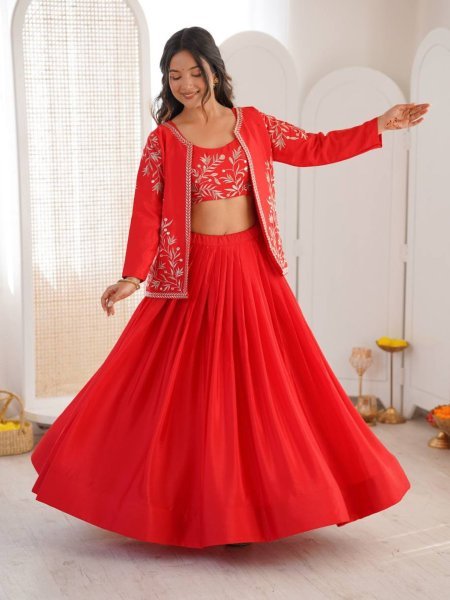 Elegant Orange Chinon Silk Lehenga with Embroidered Blouse for Celebration Wear Designer Lehenga Choli