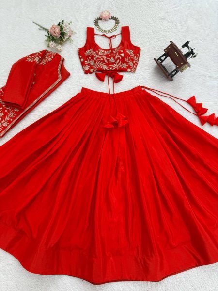 Elegant Orange Chinon Silk Lehenga with Embroidered Blouse for Celebration Wear Designer Lehenga Choli