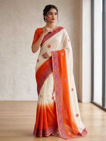 Elegant Orange Dual Tone Georgette Silk Saree with 3D Print Border Work Sarees 
