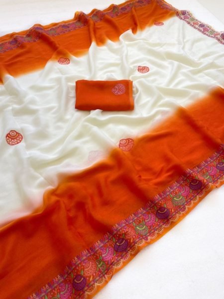 Elegant Orange Dual Tone Georgette Silk Saree with 3D Print Border Work Silk Sarees Wholesale