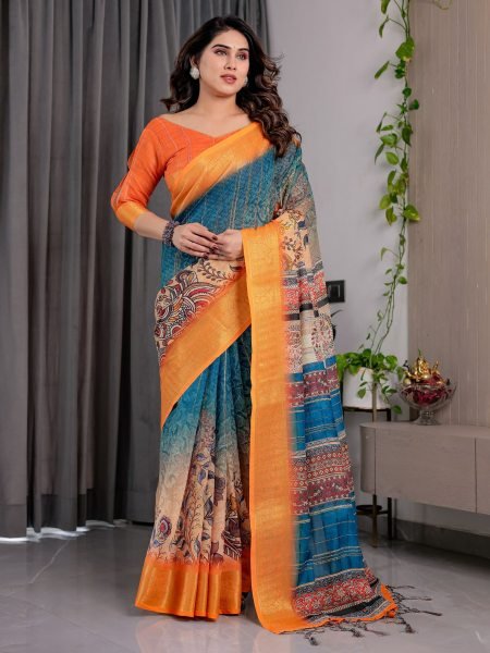 Elegant Orange Linen Saree with Floral Print and Zari Border Festive Wear