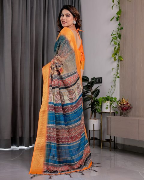 Elegant Orange Linen Saree with Floral Print and Zari Border Festive Wear Printed Cotton Sarees Wholesale