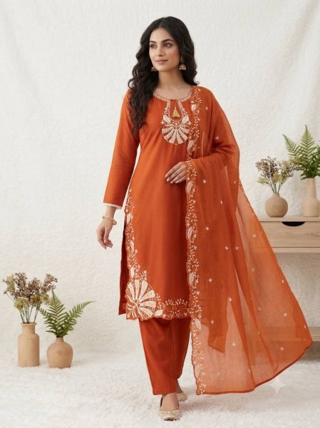 Elegant Orange Roman Embroidery Work Top Pant Dupatta Set for Women Ready To Wear Collection