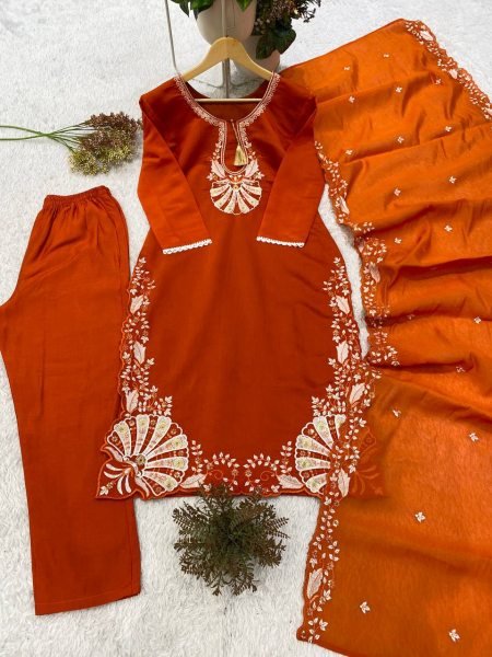 Elegant Orange Roman Embroidery Work Top Pant Dupatta Set for Women Ready To Wear Collection