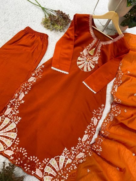 Elegant Orange Roman Embroidery Work Top Pant Dupatta Set for Women Ready To Wear Collection