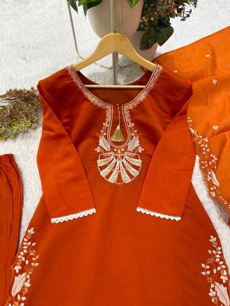 Elegant Orange Roman Embroidery Work Top Pant Dupatta Set for Women Ready To Wear Collection