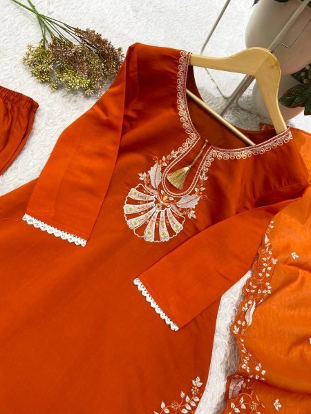 Elegant Orange Roman Embroidery Work Top Pant Dupatta Set for Women Ready To Wear Collection