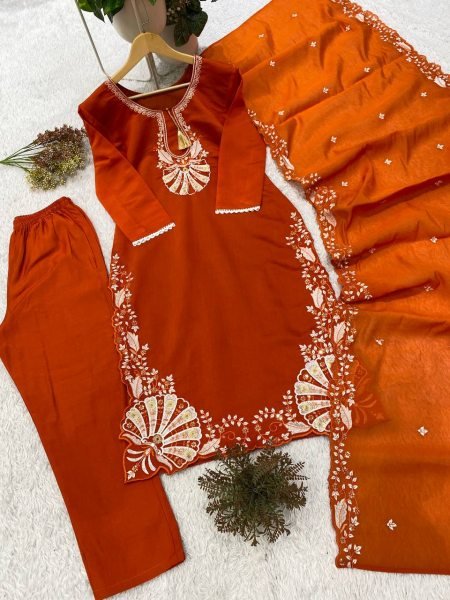 Elegant Orange Roman Embroidery Work Top Pant Dupatta Set for Women Ready To Wear Collection