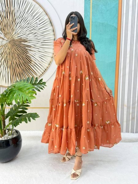 Elegant Orange Women's Mull Cotton Chanderi Embroidered Gown with 4 Meter Flare and Premium Finish Kurtis