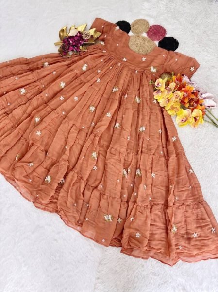 Elegant Orange Women's Mull Cotton Chanderi Embroidered Gown with 4 Meter Flare and Premium Finish Anarkali Kurtis 