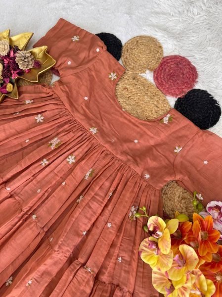 Elegant Orange Women's Mull Cotton Chanderi Embroidered Gown with 4 Meter Flare and Premium Finish Anarkali Kurtis 