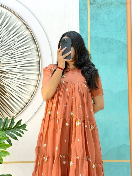 Elegant Orange Women's Mull Cotton Chanderi Embroidered Gown with 4 Meter Flare and Premium Finish Anarkali Kurtis 