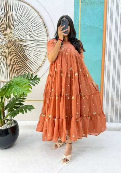 Elegant Orange Women's Mull Cotton Chanderi Embroidered Gown with 4 Meter Flare and Premium Finish Anarkali Kurtis 