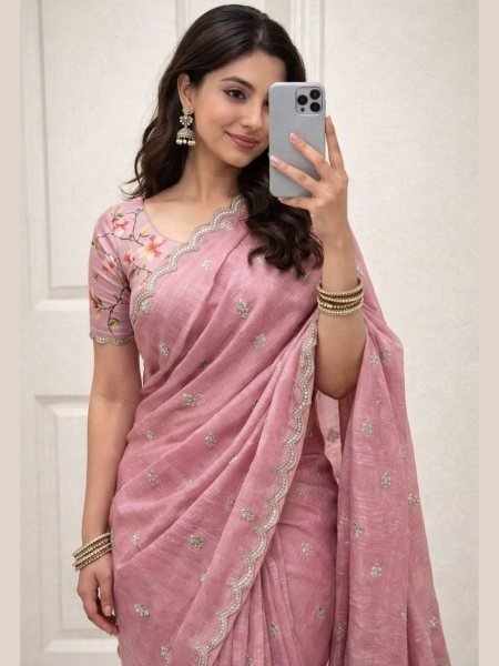 Elegant Party Wear Pink Saree with Floral Print Blouse for Women Sarees 