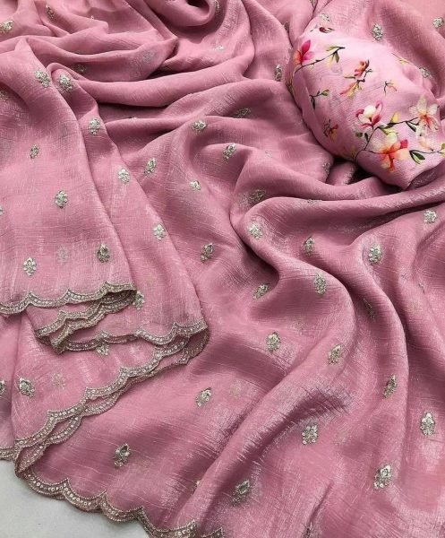 Elegant Party Wear Pink Saree with Floral Print Blouse for Women Embroidery Sarees Wholesale