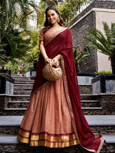 Elegant Peach Designer Kanchi Cotton Check Lehenga with Zari Work and Dupatta for Temple  
