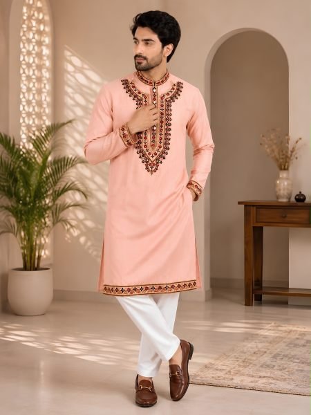 Elegant Peach Designer Soft Silk Kurta Pyjama Set with Elegant Neck Embroidery 