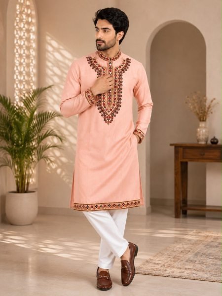 Elegant Peach Designer Soft Silk Kurta Pyjama Set with Elegant Neck Embroidery Kurta Pajama Wholesale