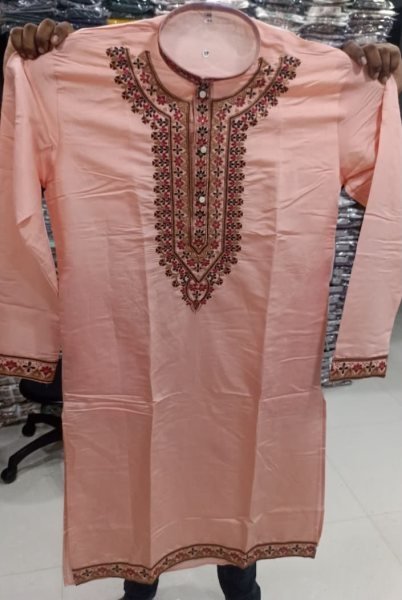 Elegant Peach Designer Soft Silk Kurta Pyjama Set with Elegant Neck Embroidery Kurta Pajama Wholesale