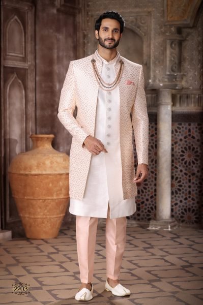 Elegant Peach Stylish Indo Western Outfit for Men Festive and Reception Wear Kurta Pajama Wholesale