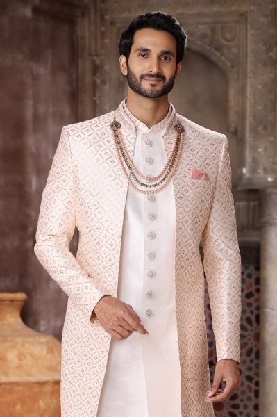 Elegant Peach Stylish Indo Western Outfit for Men Festive and Reception Wear Kurta Pajama Wholesale