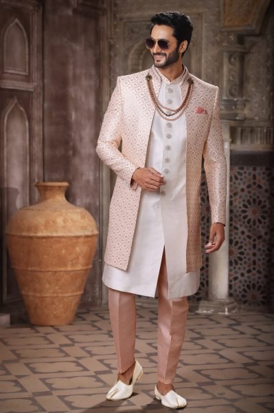 Elegant Peach Stylish Indo Western Outfit for Men Festive and Reception Wear Kurta Pajama Wholesale