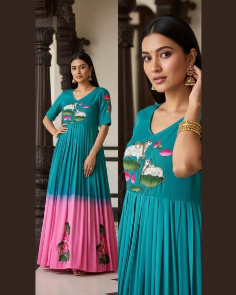 Elegant Peacock Blue Maslin Festive Wear Gown with Traditional Handwork Design For Festive Wear 