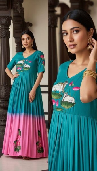 Elegant Peacock Blue Maslin Festive Wear Gown with Traditional Handwork Design For Festive Wear Anarkali Kurtis 