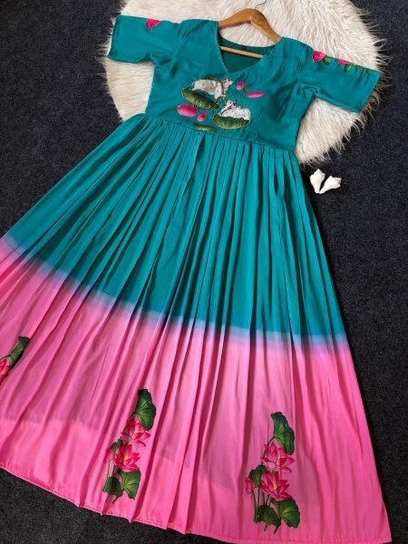 Elegant Peacock Blue Maslin Festive Wear Gown with Traditional Handwork Design For Festive Wear Anarkali Kurtis 