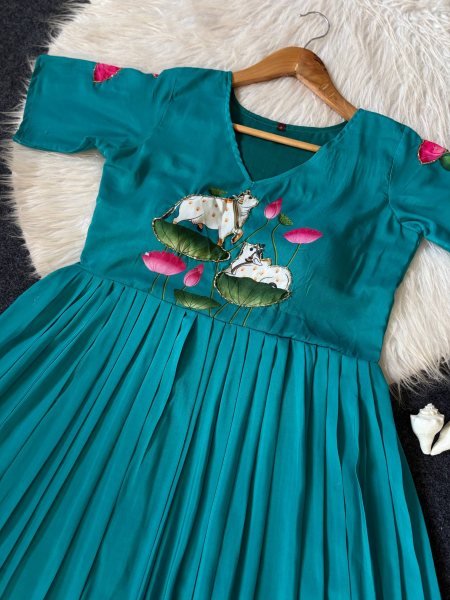 Elegant Peacock Blue Maslin Festive Wear Gown with Traditional Handwork Design For Festive Wear Anarkali Kurtis 