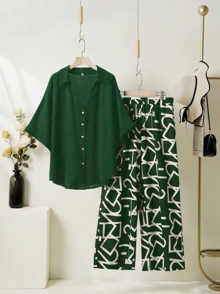 Elegant Pine Green Top with Graphic Palazzo Set Kurtis