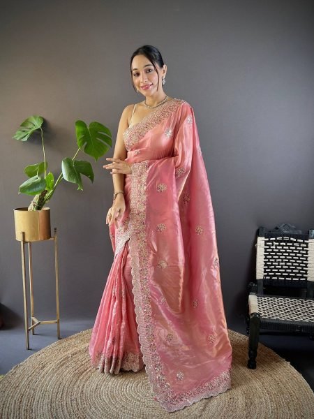 Elegant Pink Crunchy Saree with Embroidered Mono Diamond Silk Blouse Sarees 
