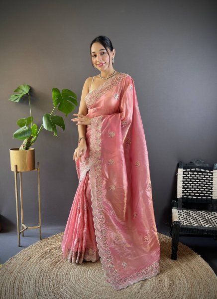 Elegant Pink Crunchy Saree with Embroidered Mono Diamond Silk Blouse Embroidery Sarees Wholesale