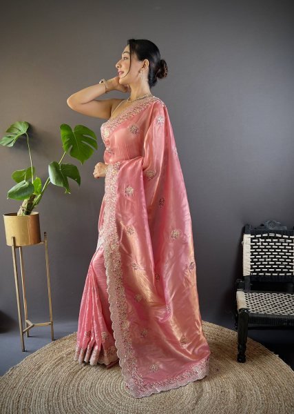 Elegant Pink Crunchy Saree with Embroidered Mono Diamond Silk Blouse Embroidery Sarees Wholesale