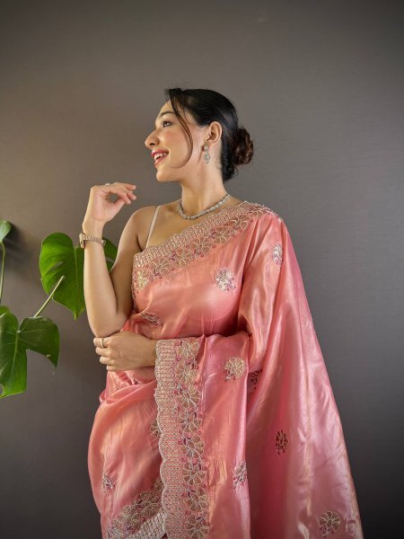 Elegant Pink Crunchy Saree with Embroidered Mono Diamond Silk Blouse Embroidery Sarees Wholesale