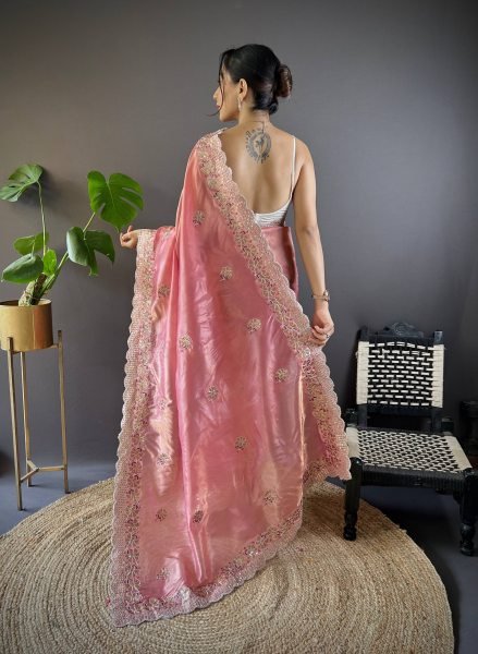 Elegant Pink Crunchy Saree with Embroidered Mono Diamond Silk Blouse Embroidery Sarees Wholesale