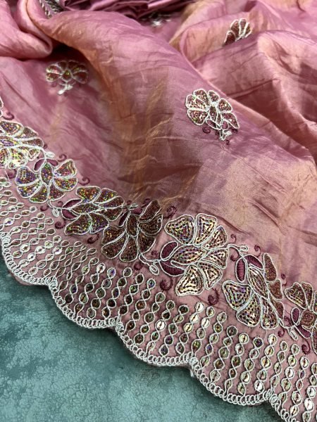 Elegant Pink Crunchy Saree with Embroidered Mono Diamond Silk Blouse Embroidery Sarees Wholesale