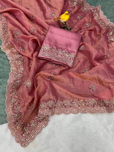 Elegant Pink Crunchy Saree with Embroidered Mono Diamond Silk Blouse Embroidery Sarees Wholesale
